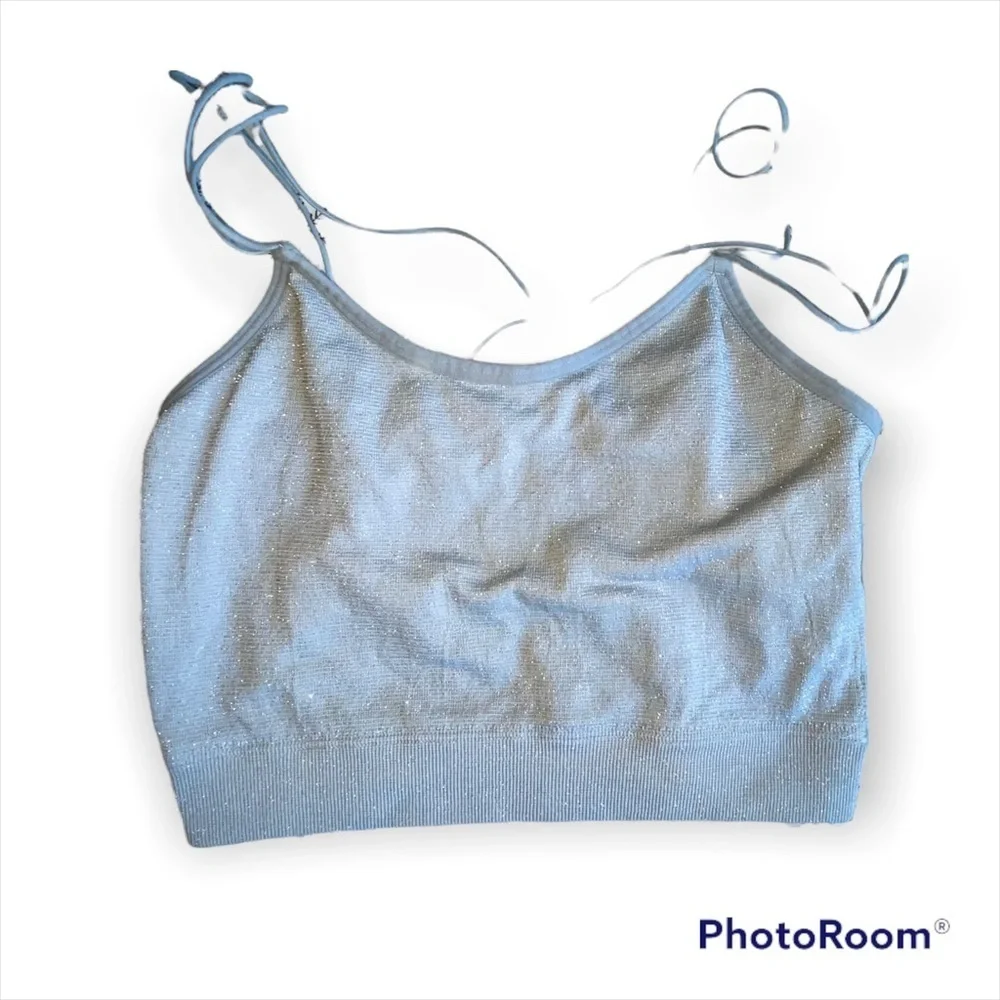 Hollister Gilly Hicks Light Blue Glitter Cross Spaghetti Strap Cropped Tank Top - Picture 2 of 6